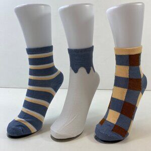 Womens Striped Plaid Mountain Peak Crew Socks 3 Pack Yellow Blue Brown